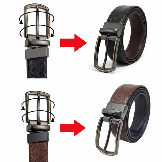 Mens 100% Genuine Leather Belt - LUXORIC Pebble-Grain, MORVEX Matte Gunmetal Pin Buckle (Brown & Black Reversible) — Leather Belts for Men | THE MEN THING