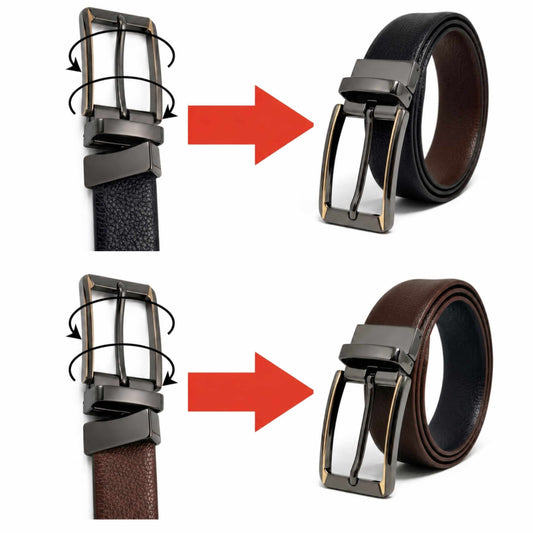 Mens 100% Genuine Leather Belt - LUXORIC Pebble-Grain, TORVIK Gold-Border Gunmetal Pin Buckle (Brown & Black Reversible) — Leather Belts for Men | THE MEN THING