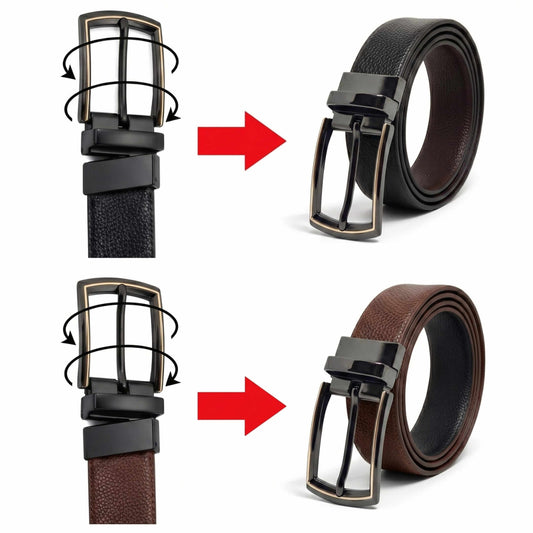 Mens 100% Genuine Leather Belt - LUXORIC Pebble-Grain, LATCHIX Slim Gunmetal Pin Buckle (Brown & Black Reversible) — Leather Belts for Men | THE MEN THING
