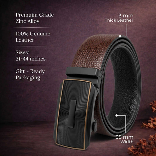 Mens 100% Genuine Leather Belt - LUXORIC Pebble-Grain, SNAPTOR Gold-Bar Auto-Lock Buckle (Brown & Black Reversible) — Leather Belts for Men | THE MEN THING