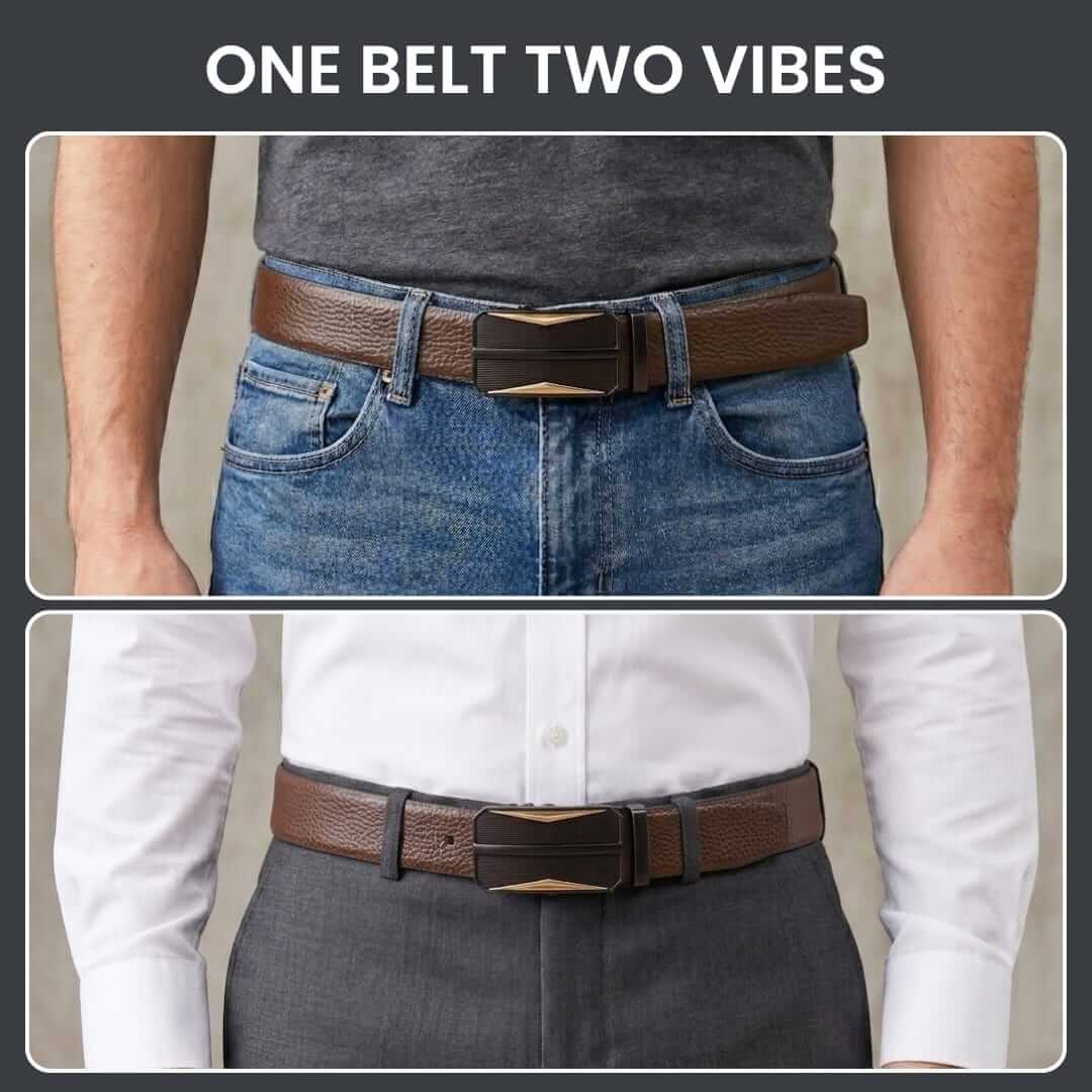 Mens 100% Genuine Leather Belt - LUXORIC Pebble-Grain, RATCHOR Gold-Accent Auto-Lock Buckle (Brown & Black Reversible) — Leather Belts for Men | THE MEN THING