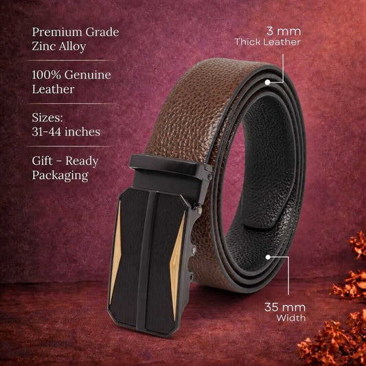 Mens 100% Genuine Leather Belt - LUXORIC Pebble-Grain, RATCHOR Gold-Accent Auto-Lock Buckle (Brown & Black Reversible) — Leather Belts for Men | THE MEN THING