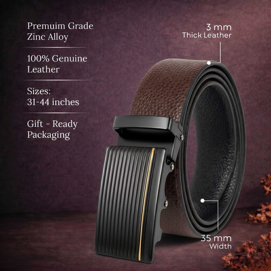 Mens 100% Genuine Leather Belt - LUXORIC Pebble-Grain, DRAKO Ribbed Auto-Lock Buckle (Brown & Black Reversible) — Leather Belts for Men | THE MEN THING