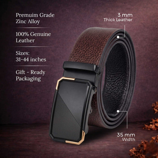 Mens 100% Genuine Leather Belt - LUXORIC Pebble-Grain, BELVARO Gloss Gold-Frame Auto-Lock Buckle (Brown & Black Reversible) — Leather Belts for Men | THE MEN THING