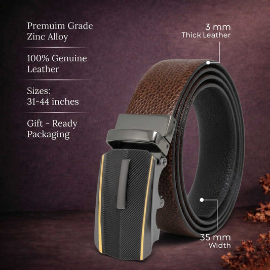 Mens 100% Genuine Leather Belt - LUXORIC Pebble-Grain, REGALIX Textured Auto-Lock Buckle (Brown & Black Reversible) — Leather Belts for Men | THE MEN THING