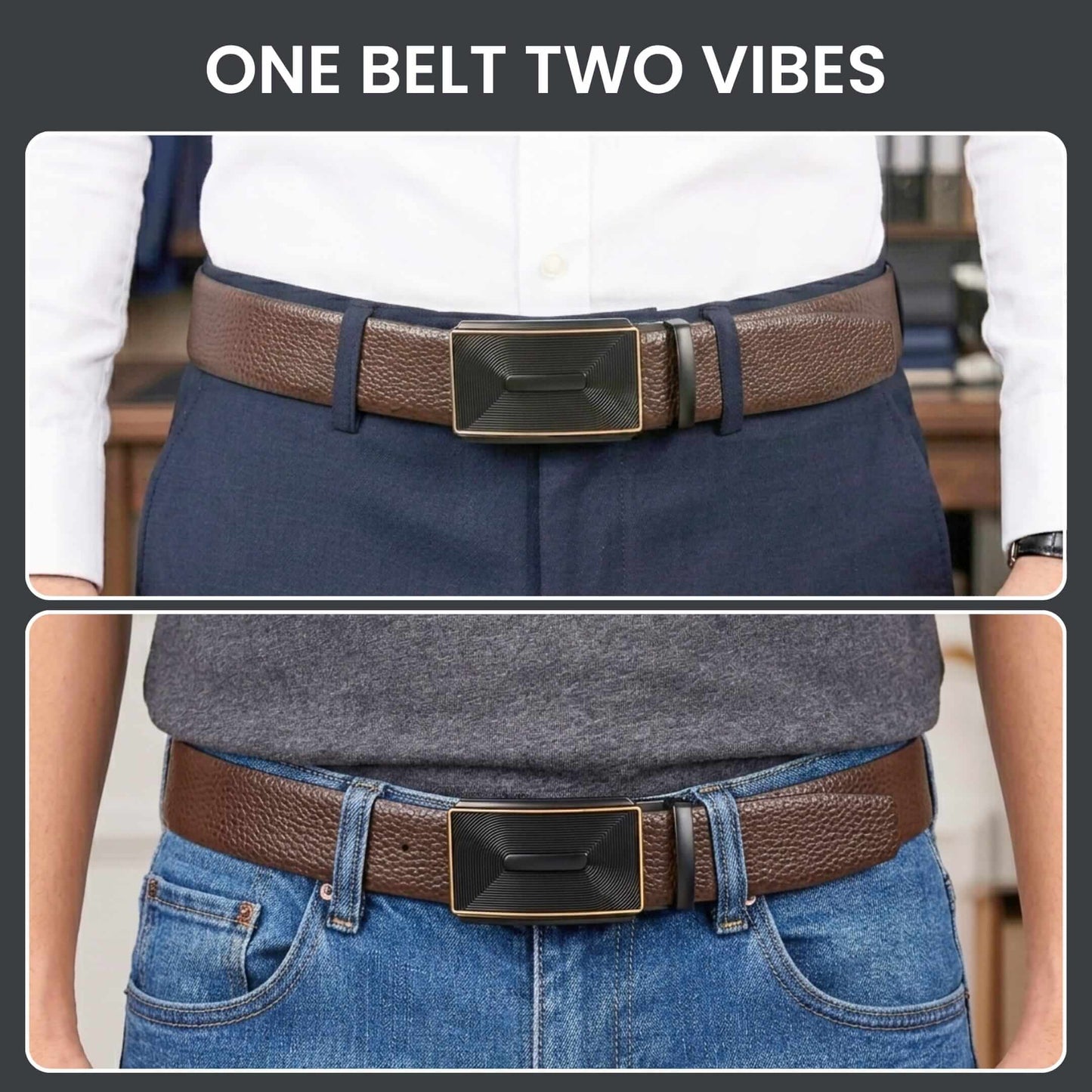 Mens 100% Genuine Leather Belt - LUXORIC Pebble-Grain, RYZOR Chevron Auto-Lock Buckle (Brown & Black Reversible) — Leather Belts for Men | THE MEN THING