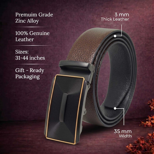Mens 100% Genuine Leather Belt - LUXORIC Pebble-Grain, RYZOR Chevron Auto-Lock Buckle (Brown & Black Reversible) — Leather Belts for Men | THE MEN THING