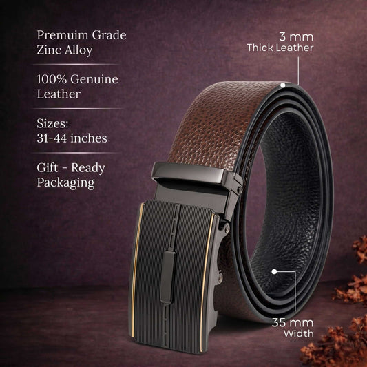 Mens 100% Genuine Leather Belt - LUXORIC Pebble-Grain, VITARO Cross-Hatch Auto-Lock Buckle (Brown & Black Reversible) — Leather Belts for Men | THE MEN THING