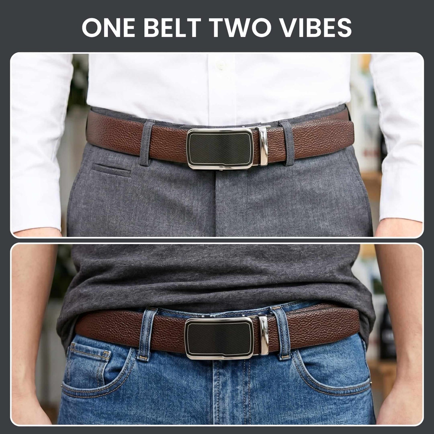Mens 100% Genuine Leather Belt - LUXORIC Pebble-Grain, STRYX Steel-Frame Auto-Lock Buckle (Brown & Black Reversible) — Leather Belts for Men | THE MEN THING