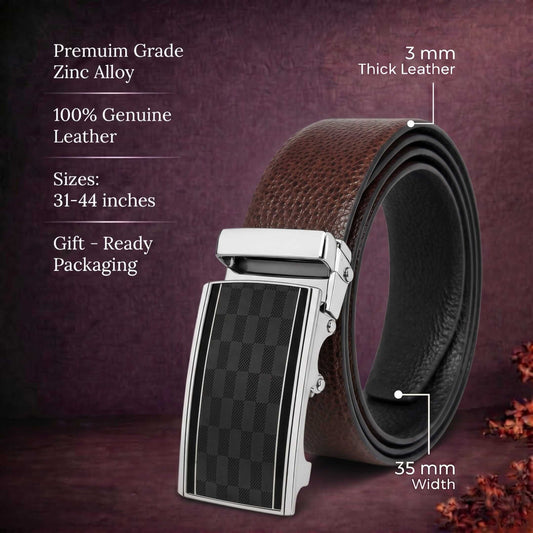 Mens 100% Genuine Leather Belt - LUXORIC Pebble-Grain, ARKON Checkerboard Auto-Lock Buckle (Brown & Black Reversible) — Leather Belts for Men | THE MEN THING