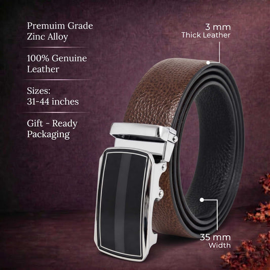 Mens 100% Genuine Leather Belt - LUXORIC Pebble-Grain, KLYNT Chrome Gloss-Black Auto-Lock Buckle (Brown & Black Reversible) — Leather Belts for Men | THE MEN THING