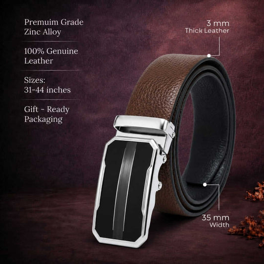 Mens 100% Genuine Leather Belt - LUXORIC Pebble-Grain, OVRIS Chrome-Frame Auto-Lock Buckle (Brown & Black Reversible) — Leather Belts for Men | THE MEN THING