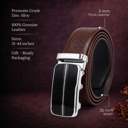 Mens 100% Genuine Leather Belt - LUXORIC Pebble-Grain, ROYVIC Chrome Gloss Auto-Lock Buckle (Brown & Black Reversible) — Leather Belts for Men | THE MEN THING