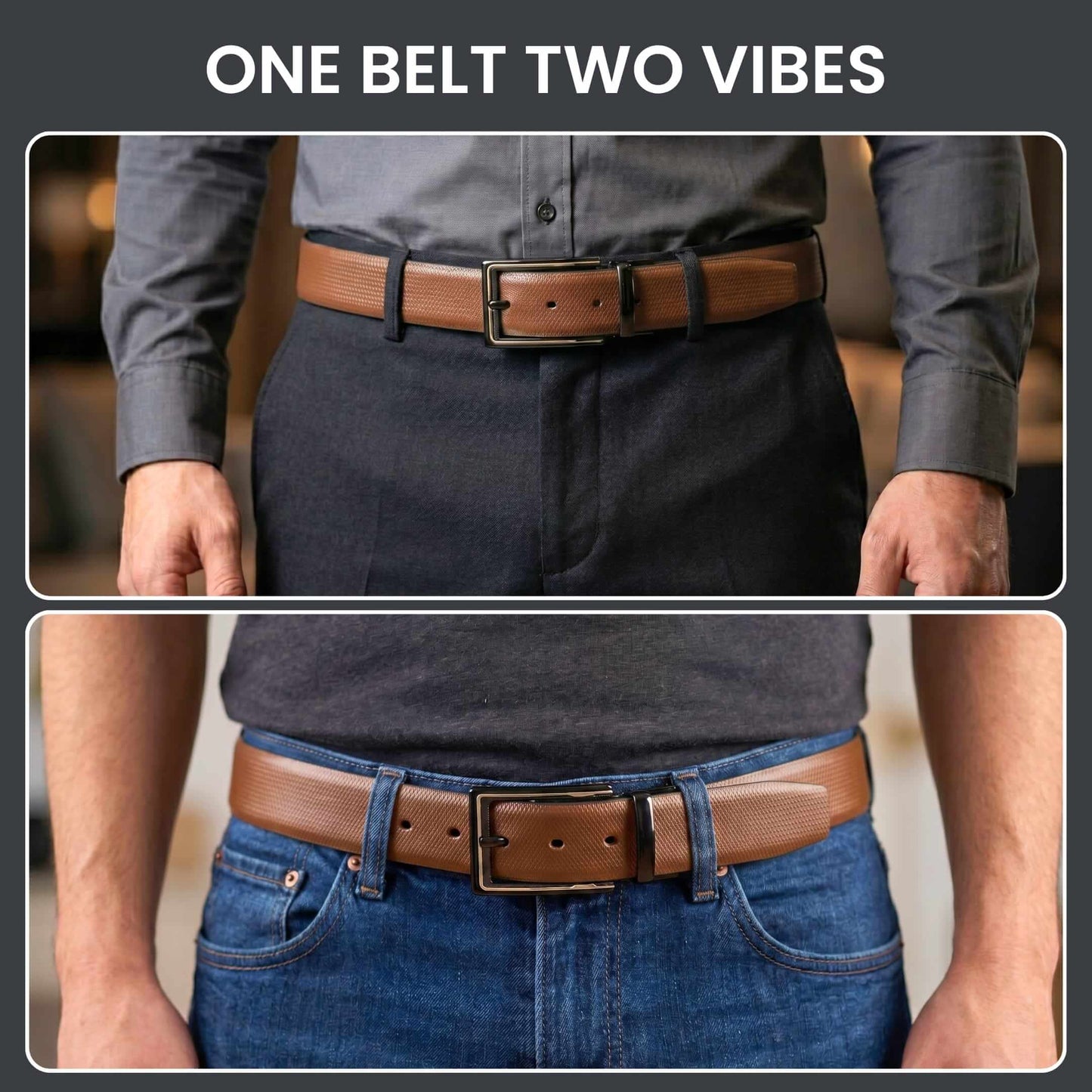 Mens 100% Genuine Leather Belt - SIGNORA Micro-Grain, CYRON Gold-Edge Gunmetal Pin Buckle (Brown & Black Reversible) — Leather Belts for Men | THE MEN THING