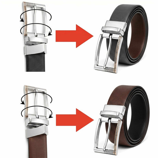 Mens 100% Genuine Leather Belt - NEXVIOR Grid-Emboss, DYNARO Mirror Chrome Pin Buckle (Brown & Black Reversible) — Leather Belts for Men | THE MEN THING