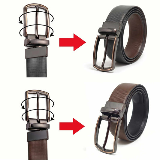 Mens 100% Genuine Leather Belt - NEXVIOR Grid-Emboss, MORVEX Matte Gunmetal Pin Buckle (Brown & Black Reversible) — Leather Belts for Men | THE MEN THING