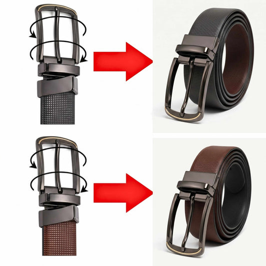Mens 100% Genuine Leather Belt - NEXVIOR Grid-Emboss, ARQON Gold-Trim Gunmetal Pin Buckle (Brown & Black Reversible) — Leather Belts for Men | THE MEN THING