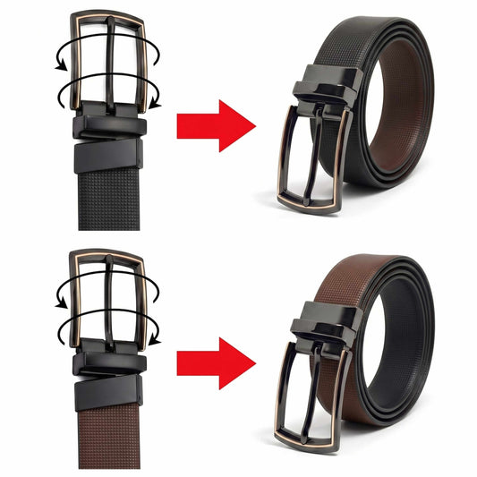 Mens 100% Genuine Leather Belt - NEXVIOR Grid-Emboss, LATCHIX Slim Gunmetal Pin Buckle (Brown & Black Reversible) — Leather Belts for Men | THE MEN THING