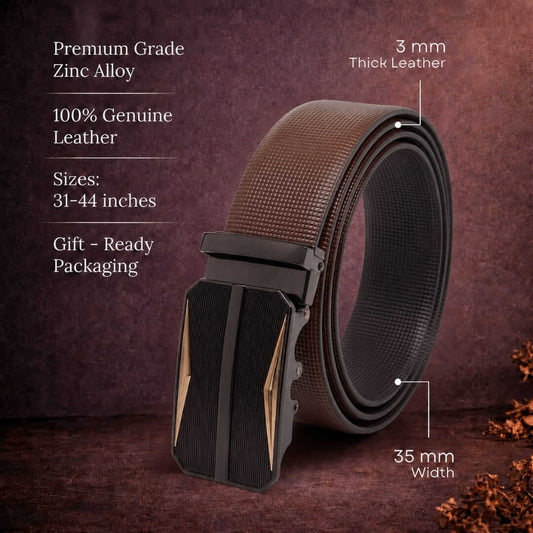 Mens 100% Genuine Leather Belt - NEXVIOR Grid-Emboss, RATCHOR Gold-Accent Auto-Lock Buckle (Brown & Black Reversible) — Leather Belts for Men | THE MEN THING