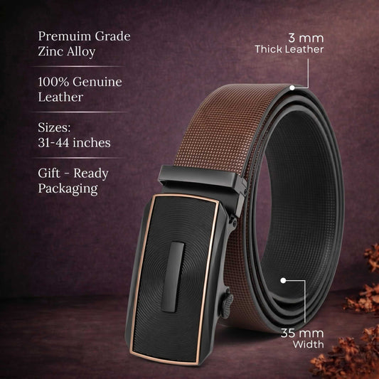 Mens 100% Genuine Leather Belt - NEXVIOR Grid-Emboss, SNAPTOR Gold-Bar Auto-Lock Buckle (Brown & Black Reversible) — Leather Belts for Men | THE MEN THING