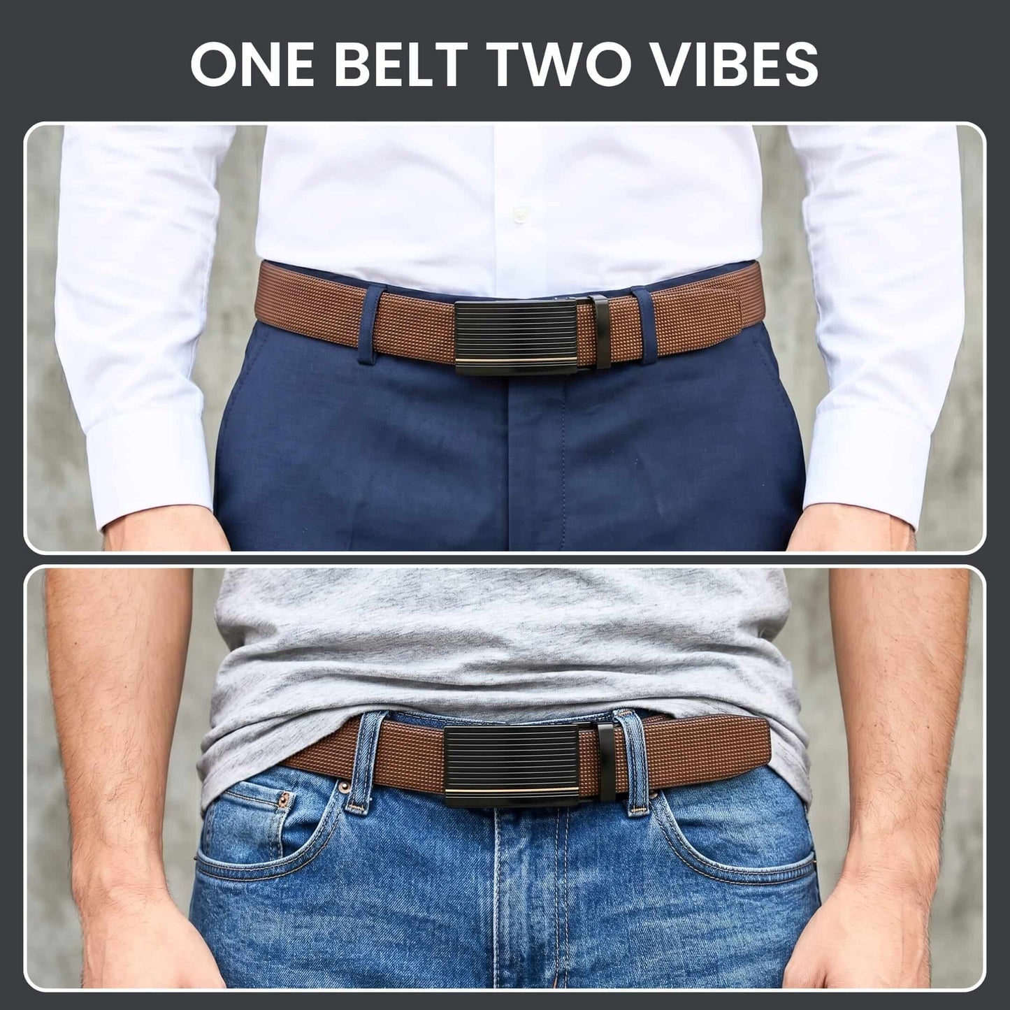 Mens 100% Genuine Leather Belt - NEXVIOR Grid-Emboss, DRAKO Ribbed Auto-Lock Buckle (Brown & Black Reversible) — Leather Belts for Men | THE MEN THING