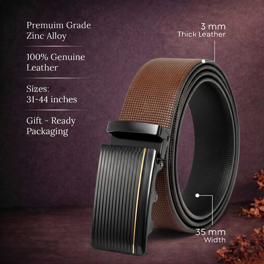 Mens 100% Genuine Leather Belt - NEXVIOR Grid-Emboss, DRAKO Ribbed Auto-Lock Buckle (Brown & Black Reversible) — Leather Belts for Men | THE MEN THING