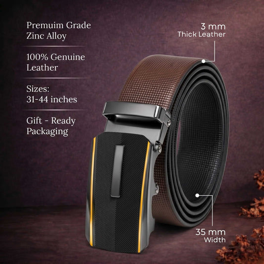 Mens 100% Genuine Leather Belt - NEXVIOR Grid-Emboss, REGALIX Textured Auto-Lock Buckle (Brown & Black Reversible) — Leather Belts for Men | THE MEN THING