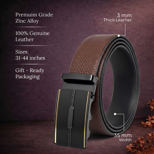 Mens 100% Genuine Leather Belt - NEXVIOR Grid-Emboss, VITARO Cross-Hatch Auto-Lock Buckle (Brown & Black Reversible) — Leather Belts for Men | THE MEN THING