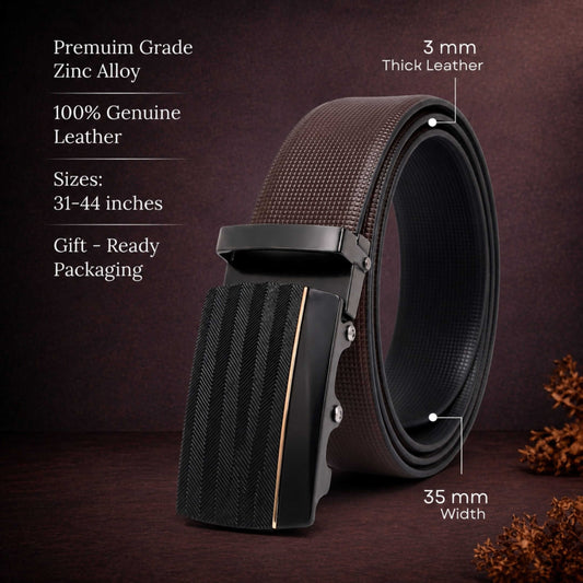 Mens 100% Genuine Leather Belt - NEXVIOR Grid-Emboss, RATCHON Pinstripe Auto-Lock Buckle (Brown & Black Reversible) — Leather Belts for Men | THE MEN THING