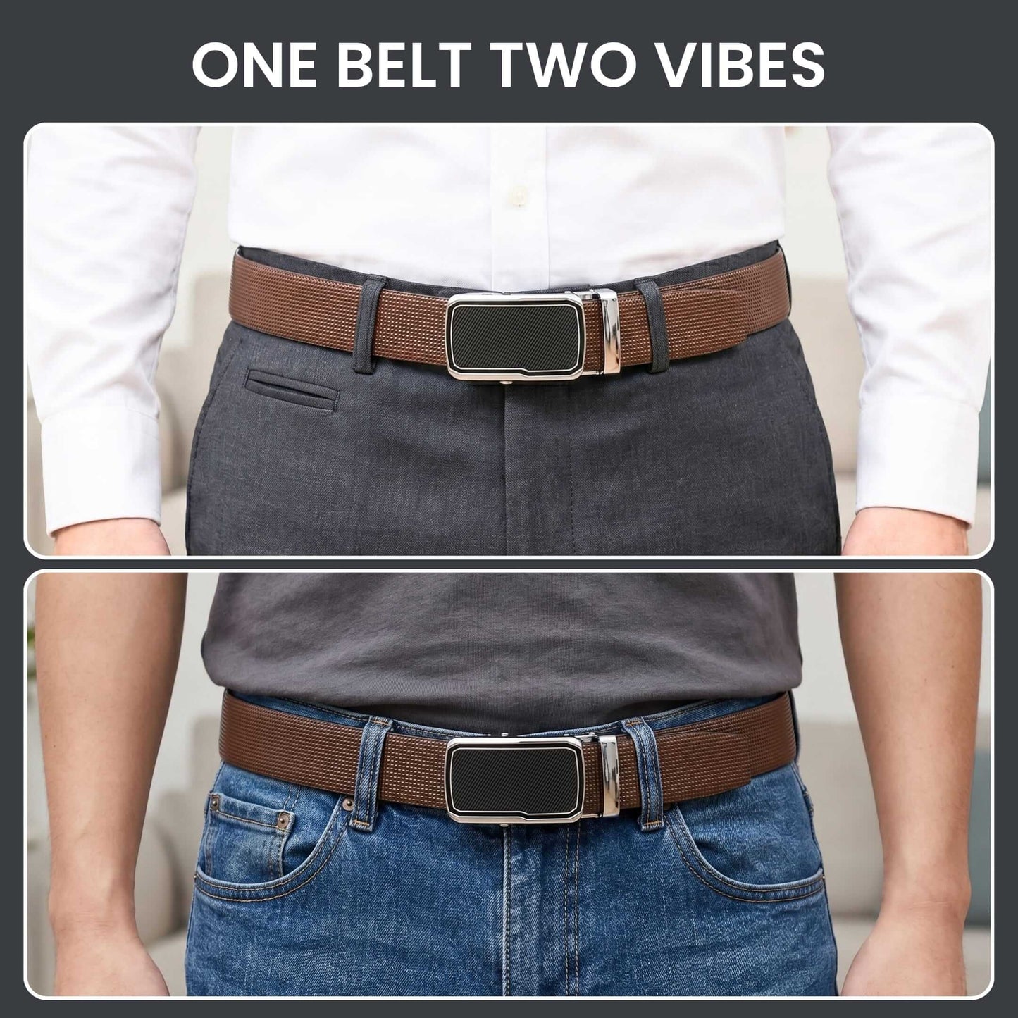 Mens 100% Genuine Leather Belt - NEXVIOR Grid-Emboss, STRYX Steel-Frame Auto-Lock Buckle (Brown & Black Reversible) — Leather Belts for Men | THE MEN THING