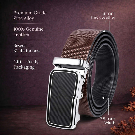 Mens 100% Genuine Leather Belt - NEXVIOR Grid-Emboss, STRYX Steel-Frame Auto-Lock Buckle (Brown & Black Reversible) — Leather Belts for Men | THE MEN THING
