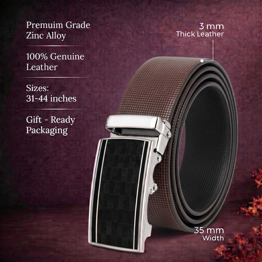 Mens 100% Genuine Leather Belt - NEXVIOR Grid-Emboss, ARKON Checkerboard Auto-Lock Buckle (Brown & Black Reversible) — Leather Belts for Men | THE MEN THING
