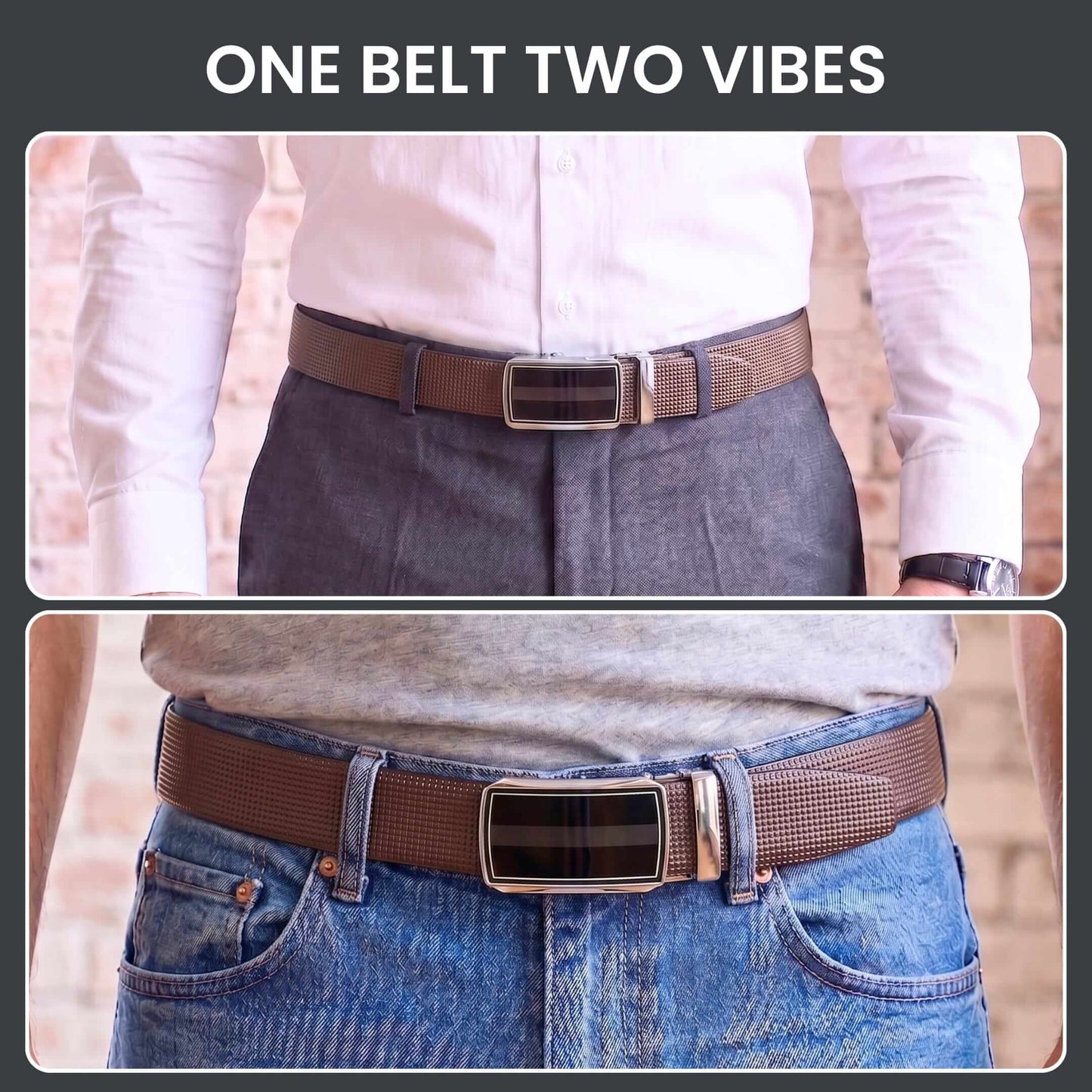 Mens 100% Genuine Leather Belt - NEXVIOR Grid-Emboss, KLYNT Chrome Gloss-Black Auto-Lock Buckle (Brown & Black Reversible) — Leather Belts for Men | THE MEN THING