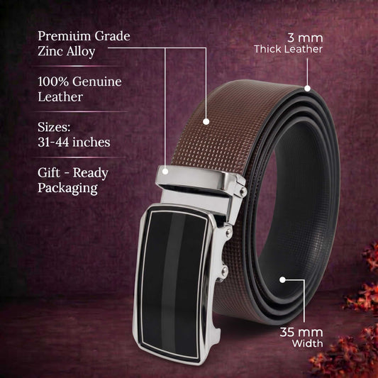 Mens 100% Genuine Leather Belt - NEXVIOR Grid-Emboss, KLYNT Chrome Gloss-Black Auto-Lock Buckle (Brown & Black Reversible) — Leather Belts for Men | THE MEN THING