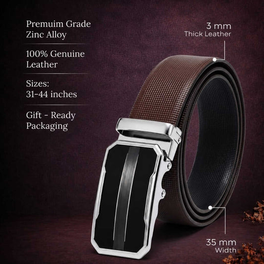 Mens 100% Genuine Leather Belt - NEXVIOR Grid-Emboss, OVRIS Chrome-Frame Auto-Lock Buckle (Brown & Black Reversible) — Leather Belts for Men | THE MEN THING