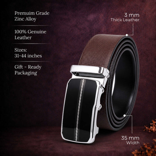 Mens 100% Genuine Leather Belt - NEXVIOR Grid-Emboss, ROYVIC Chrome Gloss Auto-Lock Buckle (Brown & Black Reversible) — Leather Belts for Men | THE MEN THING