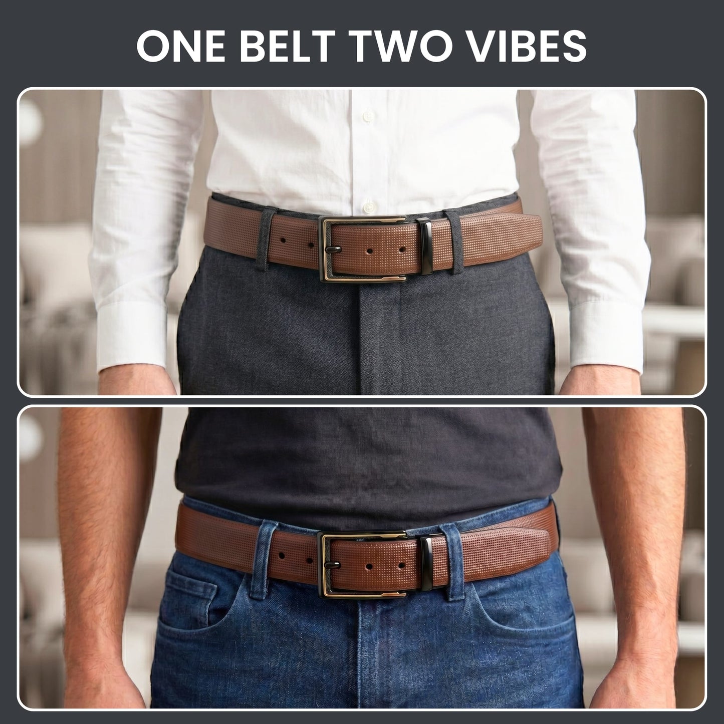 THE MEN THING Leather Belts Mens Genuine Leather Belt | 2 in 1 Reversible (Brown & Black) (1 Pc.) - QUADRON