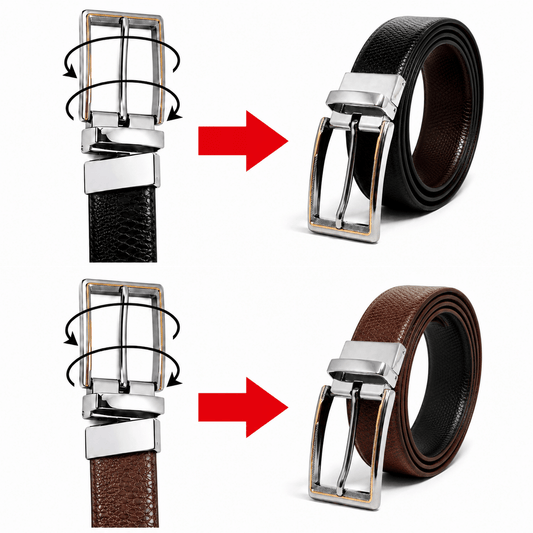 Mens 100% Genuine Leather Belt - REXVA Saffiano Texture, AXIOM Polished Pin Buckle (Brown & Black Reversible) — Leather Belts for Men | THE MEN THING