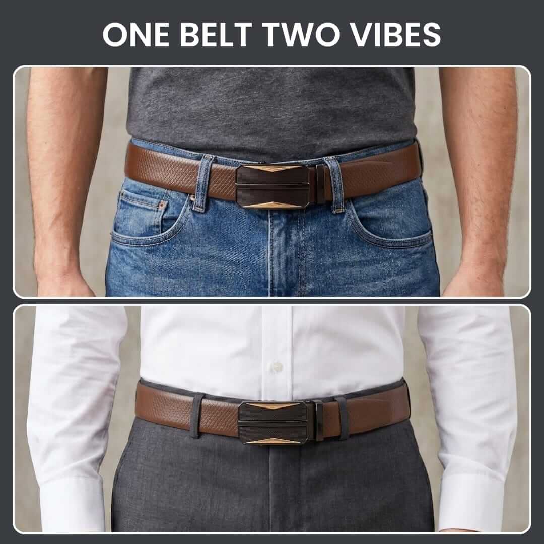 Mens 100% Genuine Leather Belt - REXVA Saffiano Texture, RATCHOR Gold-Accent Auto-Lock Buckle (Brown & Black Reversible) — Leather Belts for Men | THE MEN THING