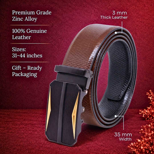 Mens 100% Genuine Leather Belt - REXVA Saffiano Texture, RATCHOR Gold-Accent Auto-Lock Buckle (Brown & Black Reversible) — Leather Belts for Men | THE MEN THING