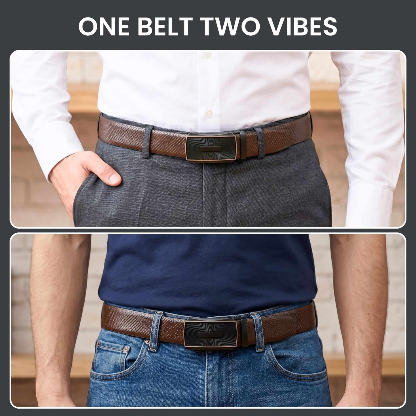 Mens 100% Genuine Leather Belt - REXVA Saffiano Texture, SNAPTOR Gold-Bar Auto-Lock Buckle (Brown & Black Reversible) — Leather Belts for Men | THE MEN THING