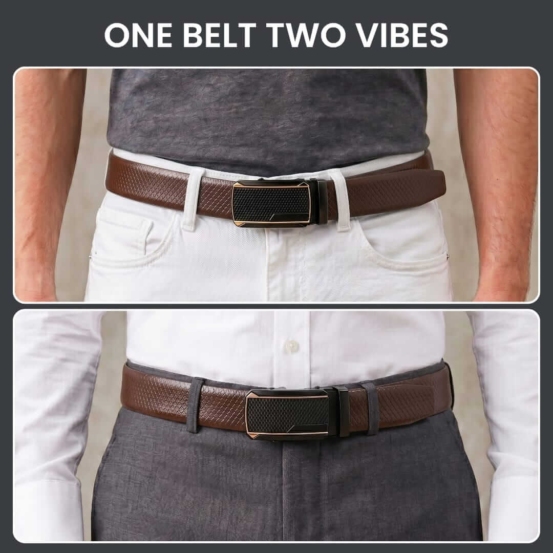 Mens 100% Genuine Leather Belt - REXVA Saffiano Texture, KINGVAR Carbon-Texture Auto-Lock Buckle (Brown & Black Reversible) — Leather Belts for Men | THE MEN THING