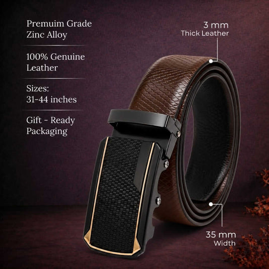 Mens 100% Genuine Leather Belt - REXVA Saffiano Texture, KINGVAR Carbon-Texture Auto-Lock Buckle (Brown & Black Reversible) — Leather Belts for Men | THE MEN THING
