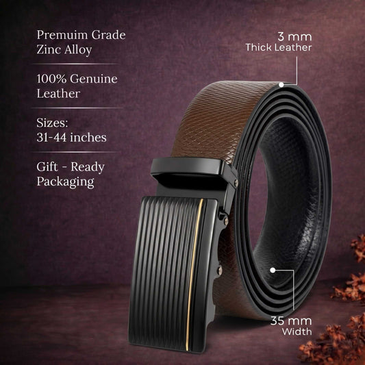 Mens 100% Genuine Leather Belt - REXVA Saffiano Texture, DRAKO Ribbed Auto-Lock Buckle (Brown & Black Reversible) — Leather Belts for Men | THE MEN THING