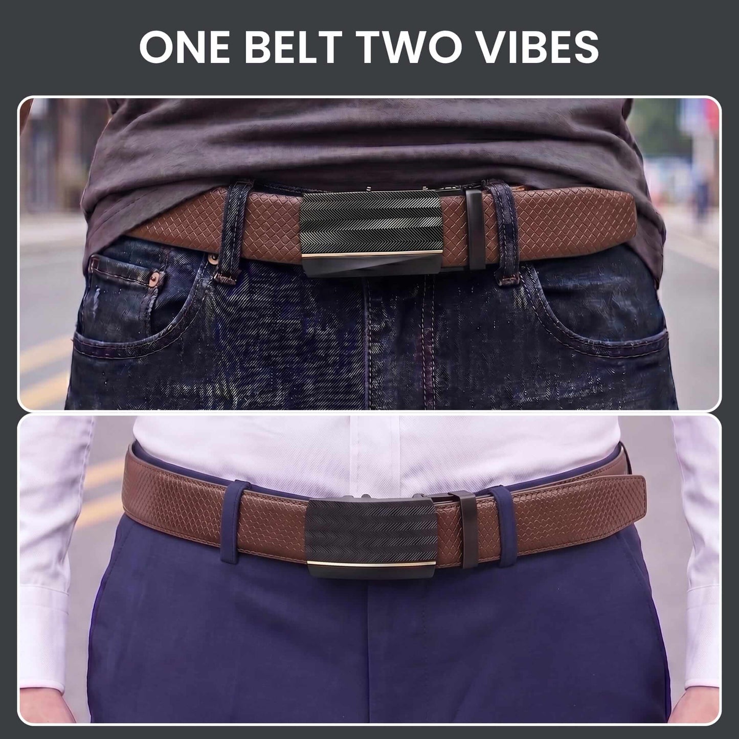 Mens 100% Genuine Leather Belt - REXVA Saffiano Texture, RATCHON Pinstripe Auto-Lock Buckle (Brown & Black Reversible) — Leather Belts for Men | THE MEN THING