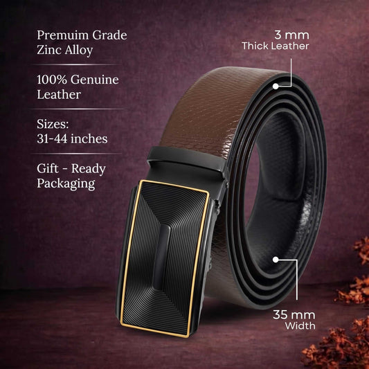 Mens 100% Genuine Leather Belt - REXVA Saffiano Texture, RYZOR Chevron Auto-Lock Buckle (Brown & Black Reversible) — Leather Belts for Men | THE MEN THING