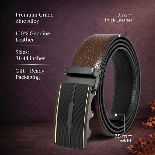 Mens 100% Genuine Leather Belt - REXVA Saffiano Texture, VITARO Cross-Hatch Auto-Lock Buckle (Brown & Black Reversible) — Leather Belts for Men | THE MEN THING