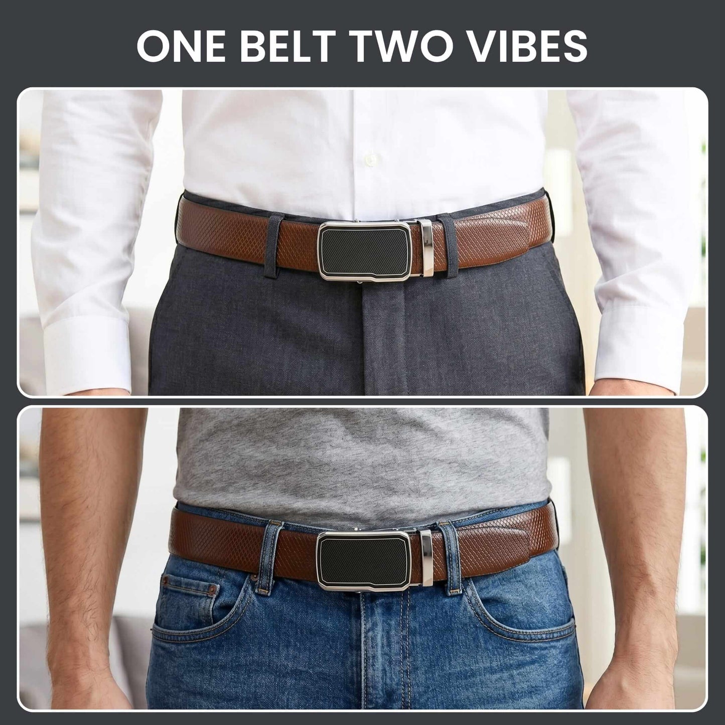 Mens 100% Genuine Leather Belt - REXVA Saffiano Texture, STRYX Steel-Frame Auto-Lock Buckle (Brown & Black Reversible) — Leather Belts for Men | THE MEN THING
