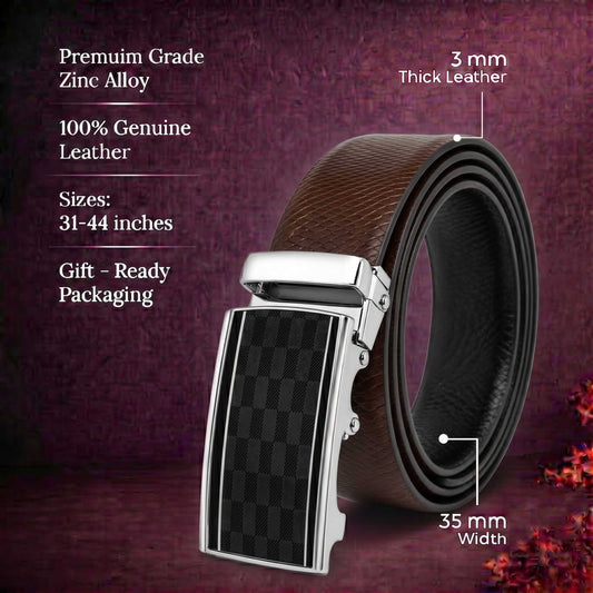 Mens 100% Genuine Leather Belt - REXVA Saffiano Texture, ARKON Checkerboard Auto-Lock Buckle (Brown & Black Reversible) — Leather Belts for Men | THE MEN THING