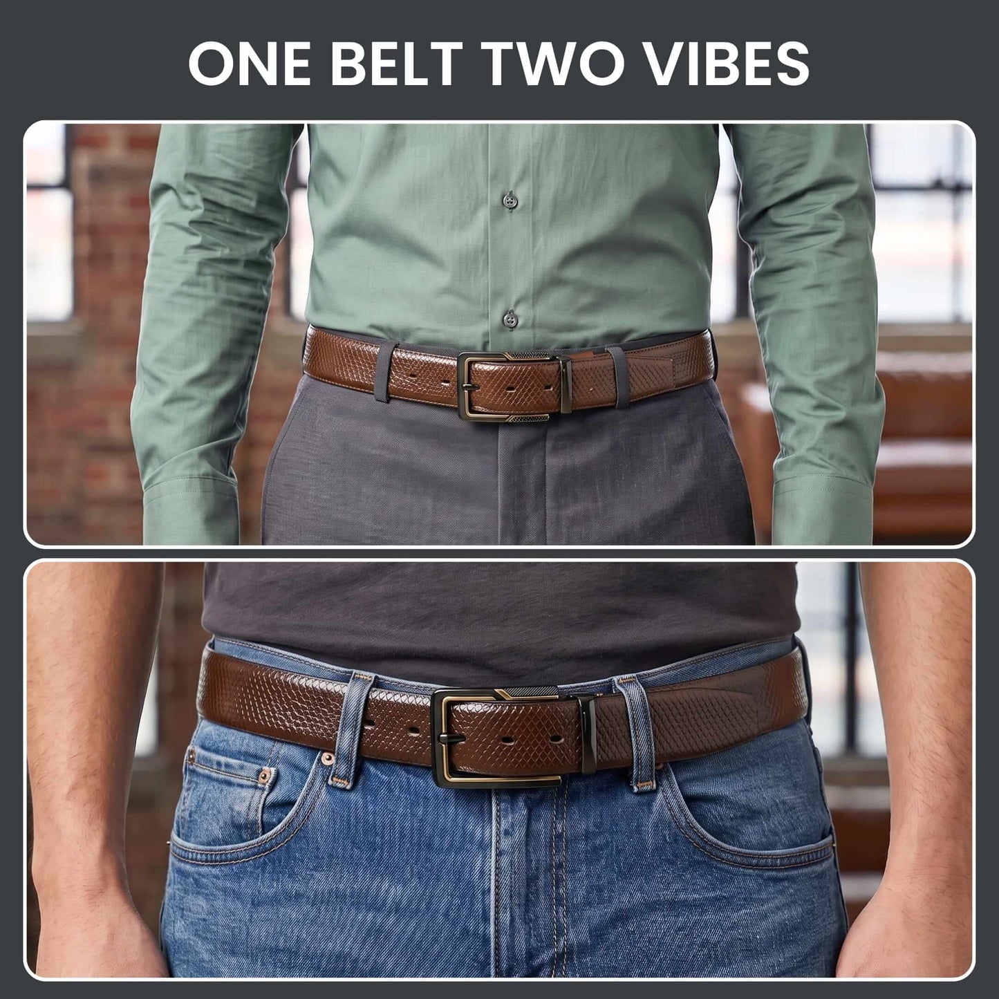 THE MEN THING Leather Belts Mens Genuine Leather Belt | 2 in 1 Reversible (Brown & Black) (1 Pc.) - REXVA -BRAVIX